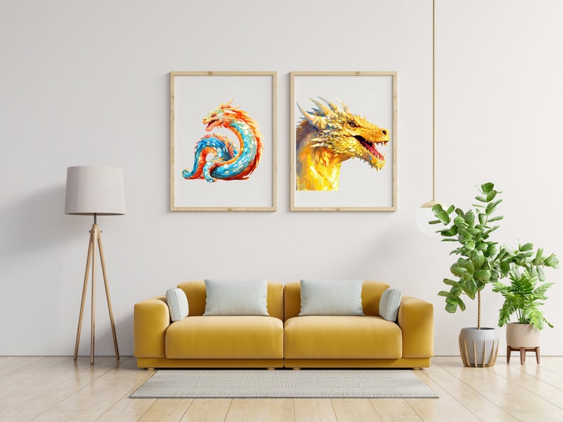 May include: Two framed prints of colorful dragon illustrations. The print on the left shows a blue and orange dragon curled up. The print on the right shows a yellow dragon with its mouth open.