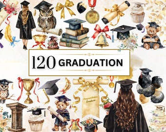 May include: A set of 120 watercolour graduation clipart illustrations. The illustrations include a variety of graduation-themed elements, such as caps, gowns, diplomas, teddy bears, owls, and more. The illustrations are perfect for creating invitations, cards, scrapbook pages, and other crafts.