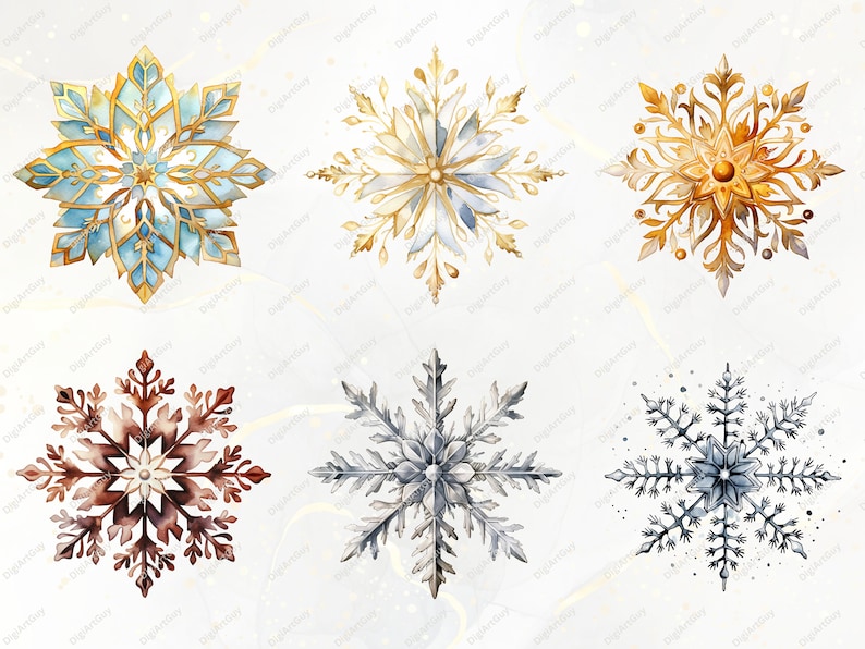 May include: Six watercolor snowflakes in various colors and designs. The snowflakes are painted in shades of blue, gold, brown, and gray.