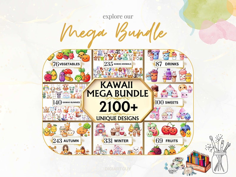 May include: A colorful illustration of a kawaii mega bundle with over 2100 unique designs. The bundle includes categories such as vegetables, animals, drinks, bunnies, sweets, autumn, winter, and fruits. Each category is represented by a grid of cute cartoon images.