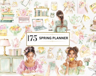 Spring Planner Clipart Watercolor Journal Clipart Spring PNG Digital Planner Stickers Planner Girl PNG Planner Lover Clipart Office supplies
