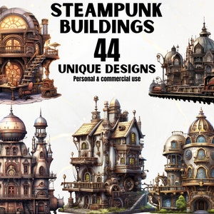 Steampunk Buildings Clipart Bundle - Watercolor Steampunk PNGs, Victorian Art, Fantasy Art, Vintage, Commercial Use, Decor, DIY, Printable