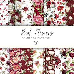 May include: A collection of 36 seamless patterns featuring red flowers in various designs. The patterns include roses, peonies, and other floral arrangements in shades of red, white, and green. The text "Red Flowers Seamless Pattern 36" is displayed.