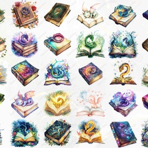 Another set of dragon-themed books emphasizing creative details. Highlights include books with magical glowing auras, intricate scales, floral patterns, and dragons immersed in fiery, icy, and natural elements.
