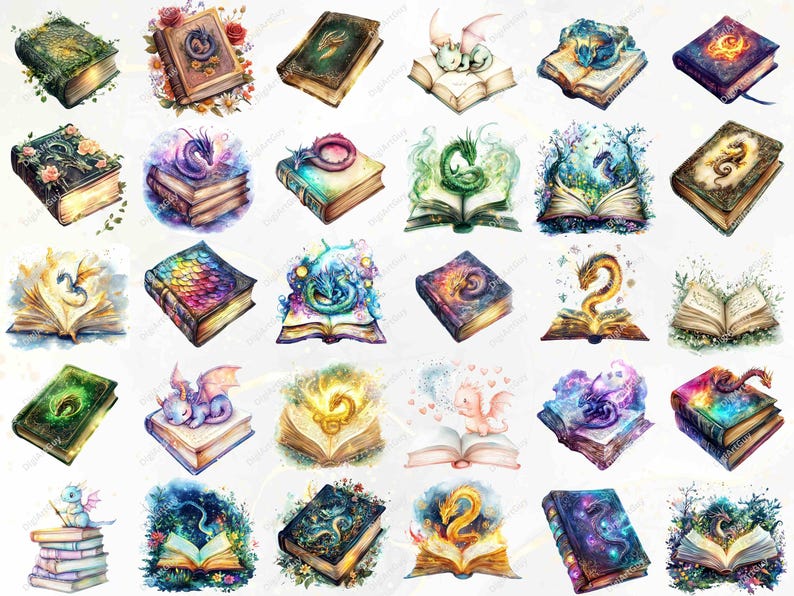 Another set of dragon-themed books emphasizing creative details. Highlights include books with magical glowing auras, intricate scales, floral patterns, and dragons immersed in fiery, icy, and natural elements.