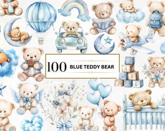Blue Teddy Bear Watercolor Clipart Teddy Bear PNG Blue Baby Shower Clipart Boy Clipart Nursery Clipart Gender Reveal PNG Sleeping Teddy Bear