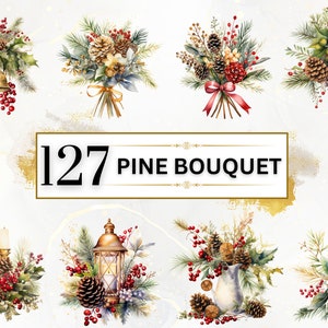 Floral clipart bundel-127 aquarel bloem clipart, feestelijke bloem clipart, winter bloemen PNG, Pine boeket clipart, bloemen boeket PNG