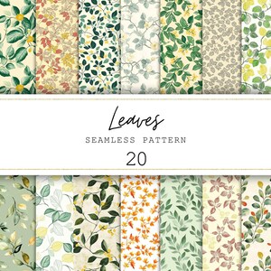 May include: A selection of 20 seamless leaf patterns in shades of green, yellow, and orange. The designs showcase diverse leaf and branch arrangements. The image includes the words "Leaves" and "Seamless Pattern 20".