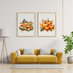 Pode incluir: Duas pinturas de aquarela emolduradas de ab&oacute;boras. A primeira pintura mostra um grupo de ab&oacute;boras na frente de uma fazenda. A segunda pintura mostra um grupo de ab&oacute;boras com folhas de outono.