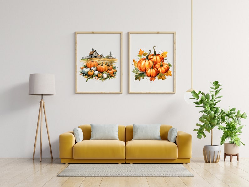 Pode incluir: Duas pinturas de aquarela emolduradas de ab&oacute;boras. A primeira pintura mostra um grupo de ab&oacute;boras na frente de uma fazenda. A segunda pintura mostra um grupo de ab&oacute;boras com folhas de outono.