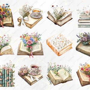 An artistic arrangement of floral books with themes of open pages and bouquets. Includes images of books with flowers like sunflowers, roses, and lavender, alongside ornate ribbons and vintage designs, perfect for creative projects.