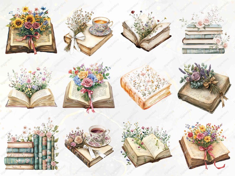 An artistic arrangement of floral books with themes of open pages and bouquets. Includes images of books with flowers like sunflowers, roses, and lavender, alongside ornate ribbons and vintage designs, perfect for creative projects.