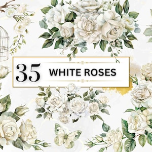 Clipart de rosas blancas, rosas de acuarela PNG, clipart floral blanco, flores de boda PNG, ramo floral PNG, clipart de boda, estampados florales vintage