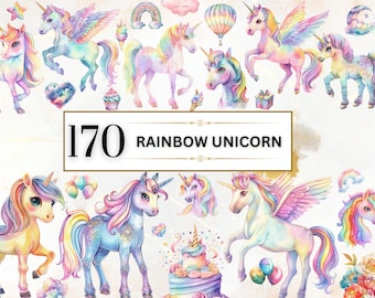 Clipart de unicornio Acuarela Unicornio arcoiris PNG Clipart de unicornios bebés Unicornio kawaii PNG Clipart de guardería Fantasía PNG Fiesta / Uso comercial