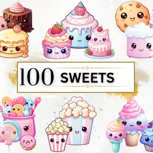 Kawaii Clipart Bundle - 100 süße Kawaii PNG Clipart Set, Kawaii Food Clipart, süße Kawaii Süßigkeiten Clipart, süße Dessert PNG, Kawaii Sticker