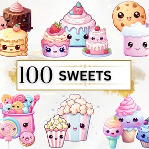 Kawaii Clipart Bundle - 100 Cute Kawaii PNG Clipart Set, Kawaii Food Clipart, Cute Kawaii Sweets Clipart, Cute Dessert PNG, Kawaii Stickers