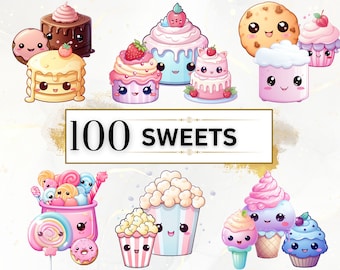 Kawaii Clipart Bundle - 100 Cute Kawaii PNG Clipart Set, Kawaii Food Clipart, Cute Kawaii Sweets Clipart, Cute Dessert PNG, Kawaii Stickers