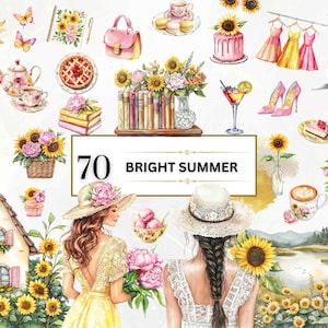 Heller Sommer PNG Aquarell Sommer Clipart Bundle Sommer Blumen PNG Sonnenblume PNG Cottagecore Clipart Urlaub Png Sommer Mädchen Blumendrucke