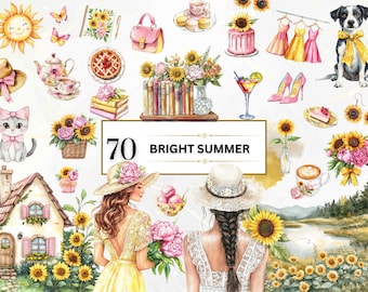 Bright Summer PNG Watercolor Summer Clipart Bundle Summer Floral PNG Sunflower PNG Cottagecore Clipart Holiday Png Summer Girl Floral Prints