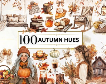 Autumn Hues Watercolor Clipart Cozy Fall Clipart Autumn PNG Watercolor Fall Girls PNG Pumpkin PNG Rustic Fall Leaves Png Cottagecore Fall