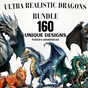 Ultra Realistic Dragons PNG Bundle - 160 Dragon PNGs, Dragon Clipart, Fantasy Clipart, Magical Creatures, Watercolor, Digital Download