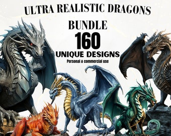 Ultra Realistic Dragons PNG Bundle - 160 Dragon PNGs, Dragon Clipart, Fantasy Clipart, Magical Creatures, Watercolor, Digital Download