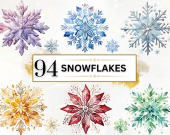 Snowflake Clipart Bundle - 94 Watercolor Winter Clipart PNGs, Winter PNG, Watercolor Snowflakes PNG, Winter Snowflakes, Watercolor Clipart