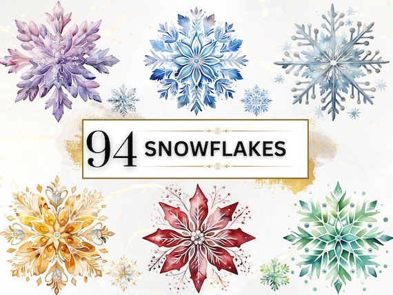 Snowflake Clipart Bundle - 94 Watercolor Winter Clipart PNGs, Winter PNG, Watercolor Snowflakes PNG, Winter Snowflakes, Watercolor Clipart