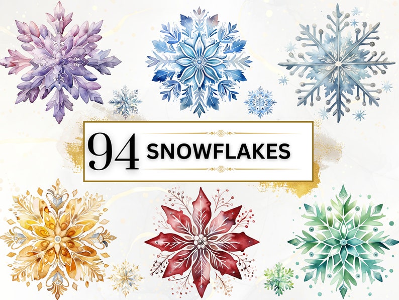 May include: A collection of 94 watercolor snowflakes in various colors and designs, including blue, purple, green, gold, and red. The snowflakes are perfect for adding a touch of winter magic to your crafts and projects.