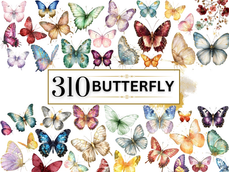 Image shows butterfly clipart bundle featuring delicate and detailed butterflies png using  a mixture of both bright and pastel colors including blue, pink, red, lilac, green, orange, beige, brown, grey, yellow with a touch of gold.