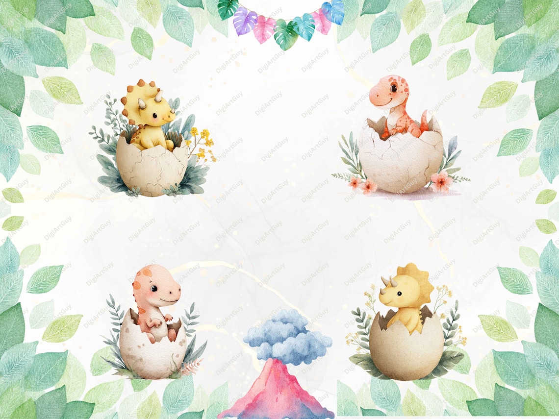 Watercolor Dinosaur Party Clipart Cute Baby Dino Clip Art Baby Dino ...