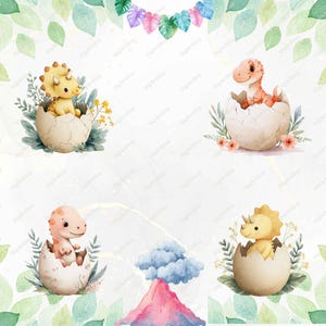 May include: Watercolor illustration featuring four baby dinosaurs hatching from eggs. The dinosaurs are yellow, orange, and pink, surrounded by greenery and flowers. A volcano and decorative leaves frame the image, creating a whimsical, playful theme.