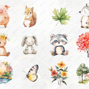 A whimsical woodland scene featuring animals like a pig, bunny, raccoon, and squirrel, along with trees, flowers, and butterflies. These high-resolution clipart elements are perfect for nature-themed invitations, posters, and crafts.