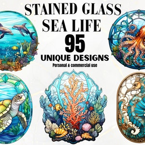 Stained Glass Sea Life Art - 95 Stained Glass Design Bundle, Digital, Glass Patterns, Decor, Wall Art, , Stained Glass PNG, Sea Life Animals