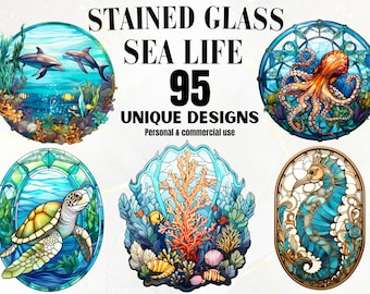 Stained Glass Sea Life Art - 95 Stained Glass Design Bundle, Digital, Glass Patterns, Decor, Wall Art, , Stained Glass PNG, Sea Life Animals