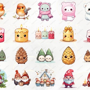 May include: A set of 16 digital illustrations featuring cute cartoon characters with winter and holiday themes. The characters include a robin, a cat wearing a scarf, a polar bear, candles, pine cones, Christmas trees, and gnomes.