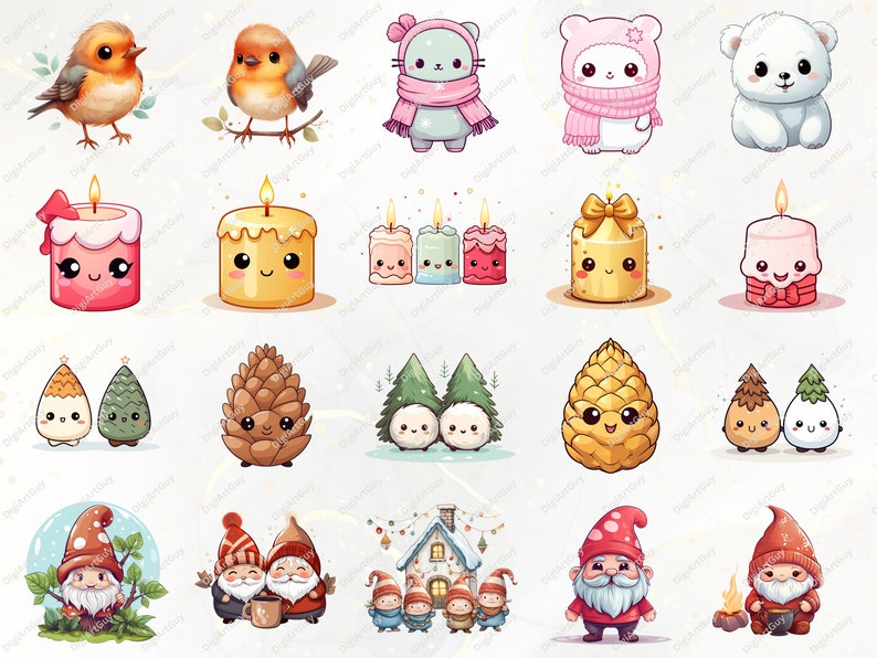 May include: A set of 16 digital illustrations featuring cute cartoon characters with winter and holiday themes. The characters include a robin, a cat wearing a scarf, a polar bear, candles, pine cones, Christmas trees, and gnomes.