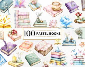 以下が含まれることがあります： パステルカラーの水彩画で描かれた本のイラスト100点のセットです。本は様々なスタイルとサイズで、花、羽根、クリスタルなどの装飾的な要素が施されています。スクラップブッキング、カード作り、その他のクリエイティブなプロジェクトに最適です。