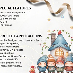 May include: Digital illustration of five gnomes standing in front of a small blue house with a snowy roof. The house has a brick chimney and a lit window. The gnomes are wearing colorful hats and scarves. The background is a white, sparkly background with a gold ribbon.
