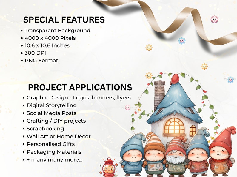 May include: Digital illustration of five gnomes standing in front of a small blue house with a snowy roof. The house has a brick chimney and a lit window. The gnomes are wearing colorful hats and scarves. The background is a white, sparkly background with a gold ribbon.