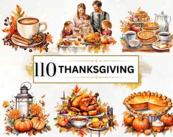 May include: A watercolour illustration of a Thanksgiving dinner with a family gathered around a table. The table is set with a roasted turkey, mashed potatoes, gravy, cranberry sauce, and other Thanksgiving dishes. The family are smiling and enjoying their meal. The illustration is surrounded by autumn leaves and pumpkins.