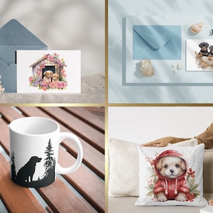 以下が含まれることがあります： 犬をテーマにした4つの製品のセット: 犬小屋の中にいる2匹の子犬が描かれたグリーティングカード、森の中にいる犬の黒いシルエットが描かれた白いマグカップ、赤いフード付きのパーカーを着た子犬の水彩画が描かれた白い枕、青い封筒。