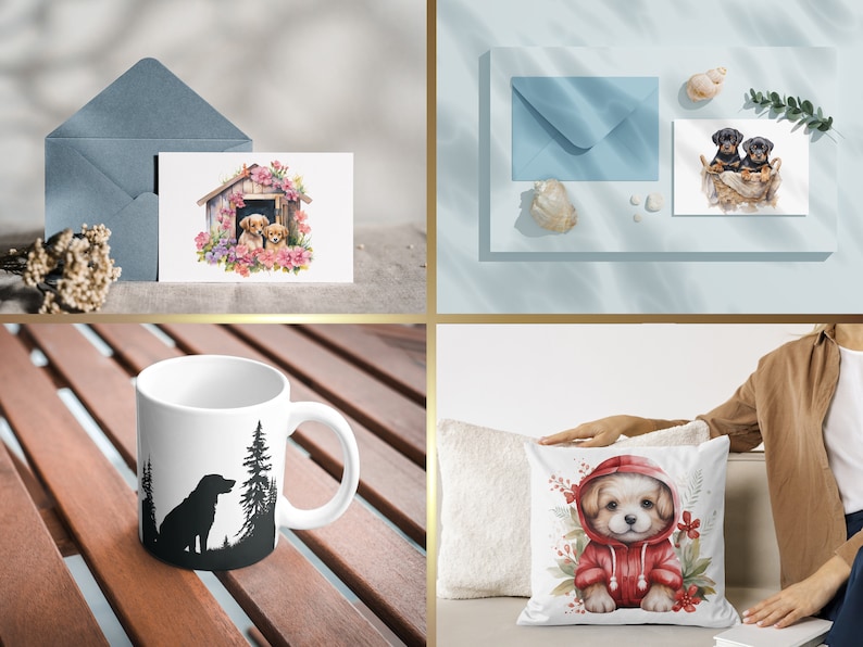 以下が含まれることがあります： 犬をテーマにした4つの製品のセット: 犬小屋の中にいる2匹の子犬が描かれたグリーティングカード、森の中にいる犬の黒いシルエットが描かれた白いマグカップ、赤いフード付きのパーカーを着た子犬の水彩画が描かれた白い枕、青い封筒。