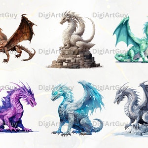 May include: Six different dragons in various poses and colors. The dragons are depicted in a cartoon style with detailed scales and wings. The dragons are on a white background.