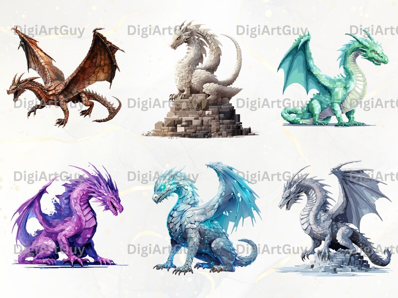 May include: Six different dragons in various poses and colors. The dragons are depicted in a cartoon style with detailed scales and wings. The dragons are on a white background.