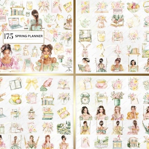 Peut inclure: Un ensemble de 175 autocollants aquarelle illustrant des th&egrave;mes printaniers. Les autocollants comprennent des fleurs, des plantes, des livres, des tasses &agrave; th&eacute;, des lampes et des femmes en robes. Les autocollants sont parfaits pour ajouter une touche de printemps &agrave; votre agenda, votre journal ou votre album.