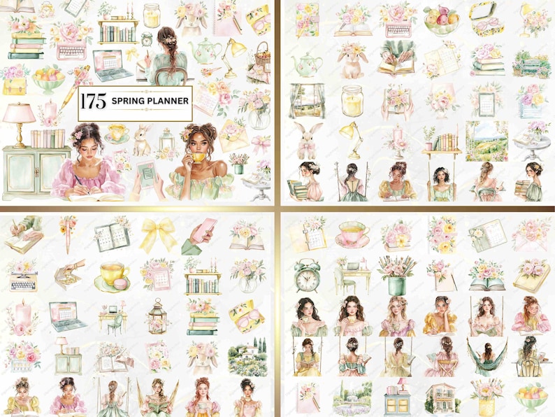 Peut inclure: Un ensemble de 175 autocollants aquarelle illustrant des th&egrave;mes printaniers. Les autocollants comprennent des fleurs, des plantes, des livres, des tasses &agrave; th&eacute;, des lampes et des femmes en robes. Les autocollants sont parfaits pour ajouter une touche de printemps &agrave; votre agenda, votre journal ou votre album.