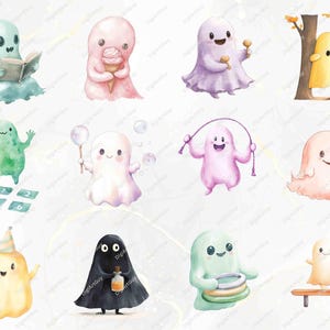 A variety of pastel-colored ghosts are seen playing games, holding balloons, and enjoying hopscotch. The characters bring lighthearted and cheerful vibes, making them suitable for storybooks, stickers, and seasonal decor.