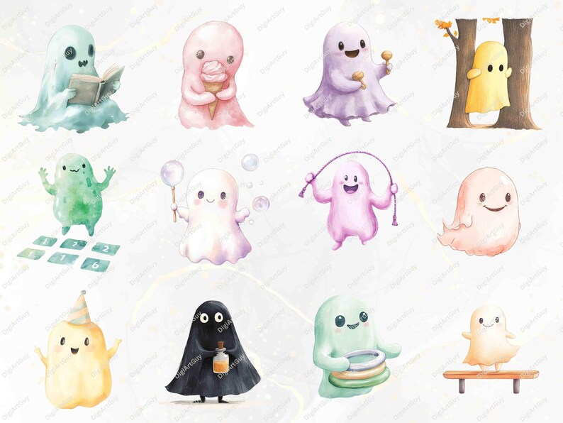 A variety of pastel-colored ghosts are seen playing games, holding balloons, and enjoying hopscotch. The characters bring lighthearted and cheerful vibes, making them suitable for storybooks, stickers, and seasonal decor.