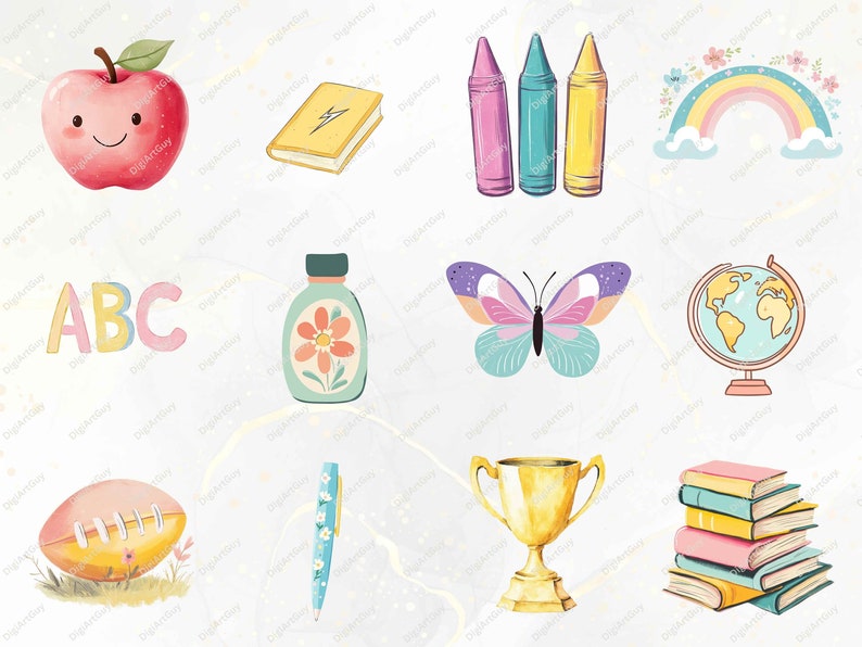 May include: A set of 12 colorful illustrations of school supplies, including a red apple with a smiling face, a yellow book with a lightning bolt, three crayons in pink, blue, and yellow, a rainbow with clouds, the letters ABC, a blue bottle with a flower, a butterfly with purple and blue wings, a globe, a football, a blue pen, a gold trophy, and a stack of colorful books.